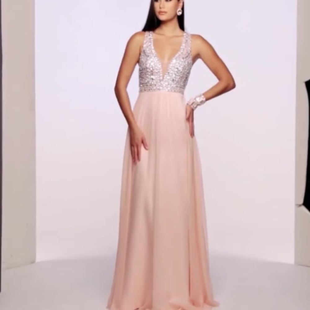 Faviana Long V-Neck A-Line Gown with Beaded Bodice